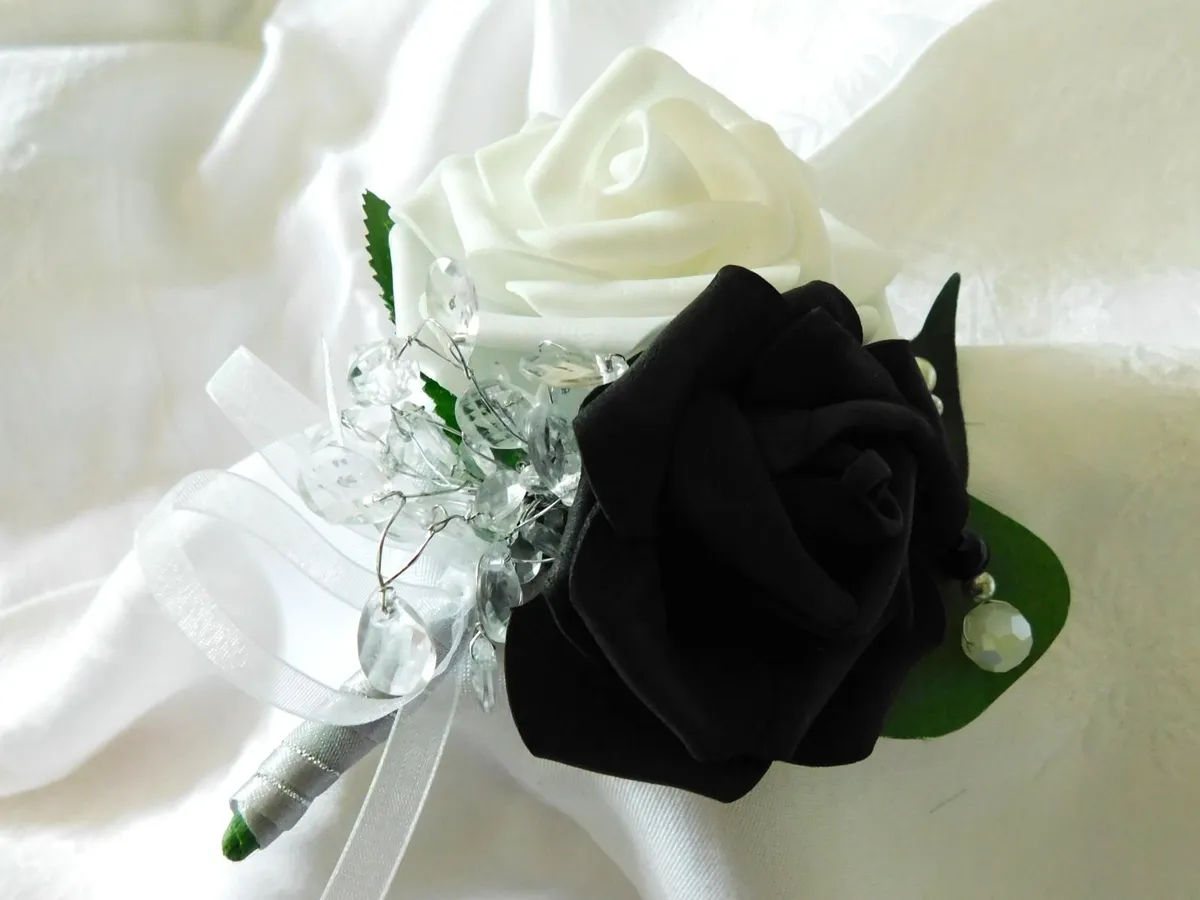 Wedding Buttonhole with Black and White Foam Roses - Image 1