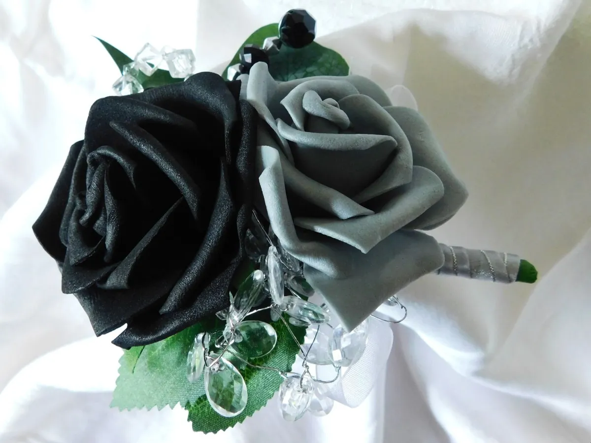 Wedding Buttonhole with Black and Grey Foam Roses - Image 2