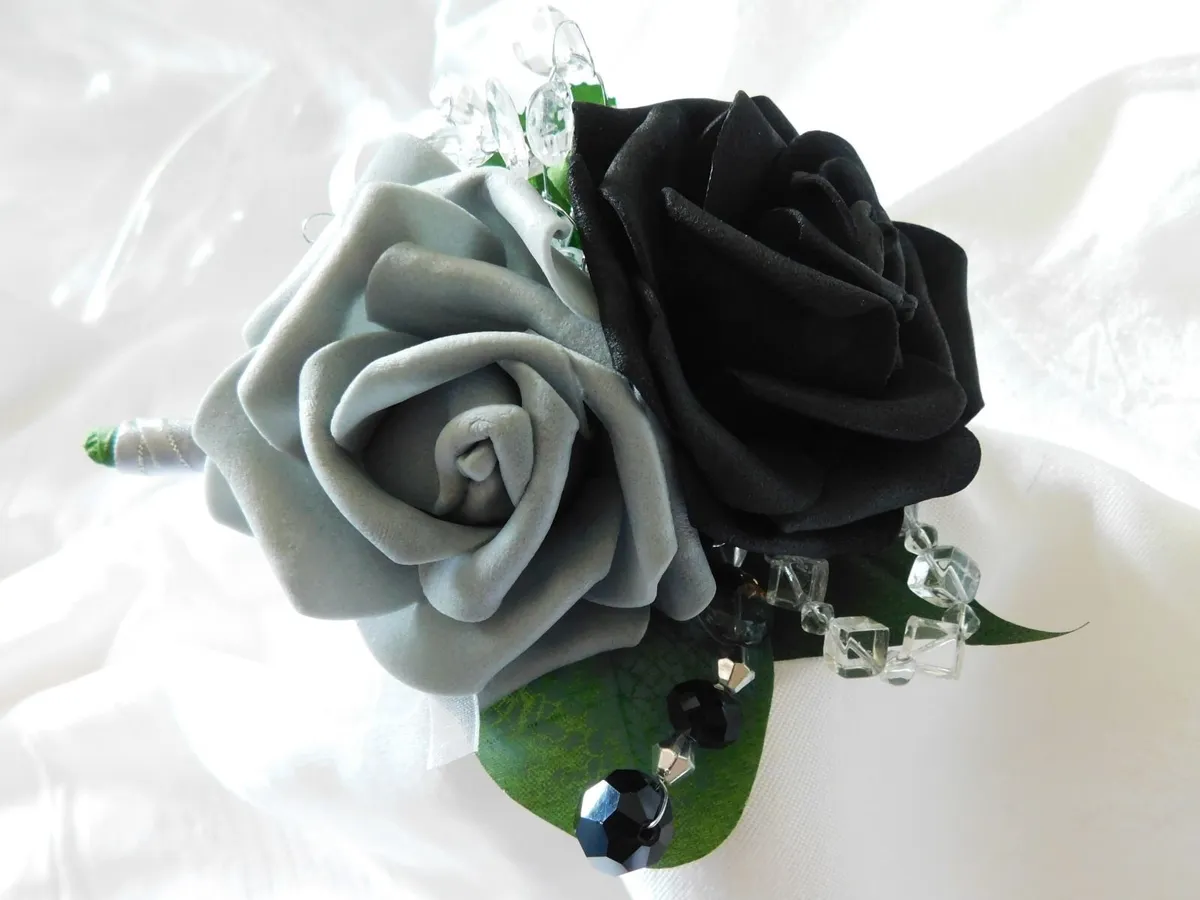 Wedding Buttonhole with Black and Grey Foam Roses - Image 3