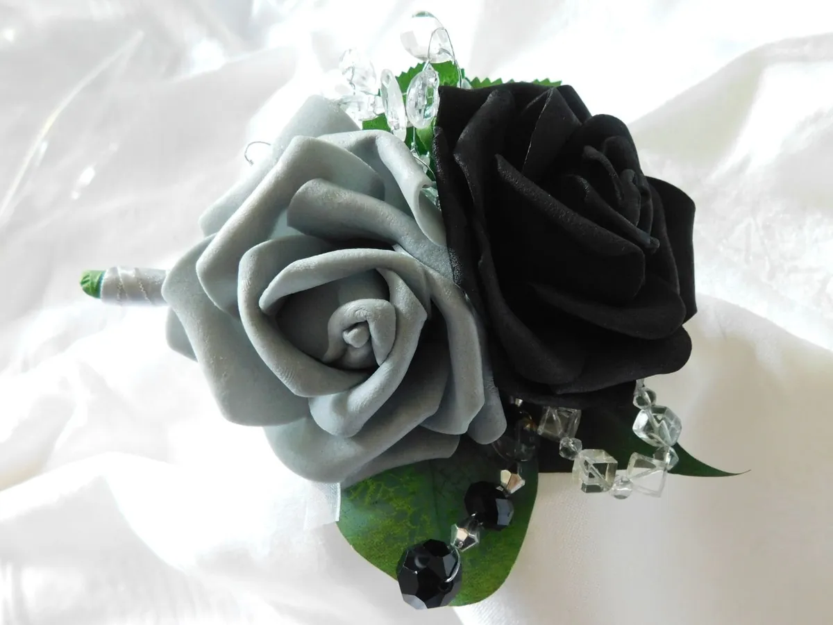 Wedding Buttonhole with Black and Grey Foam Roses - Image 1