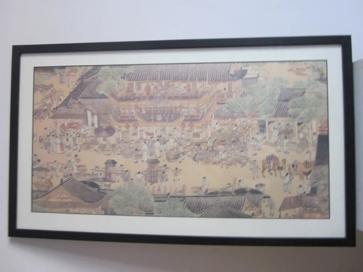 Chinese Framed Print Busy Village Market Large - Image 1