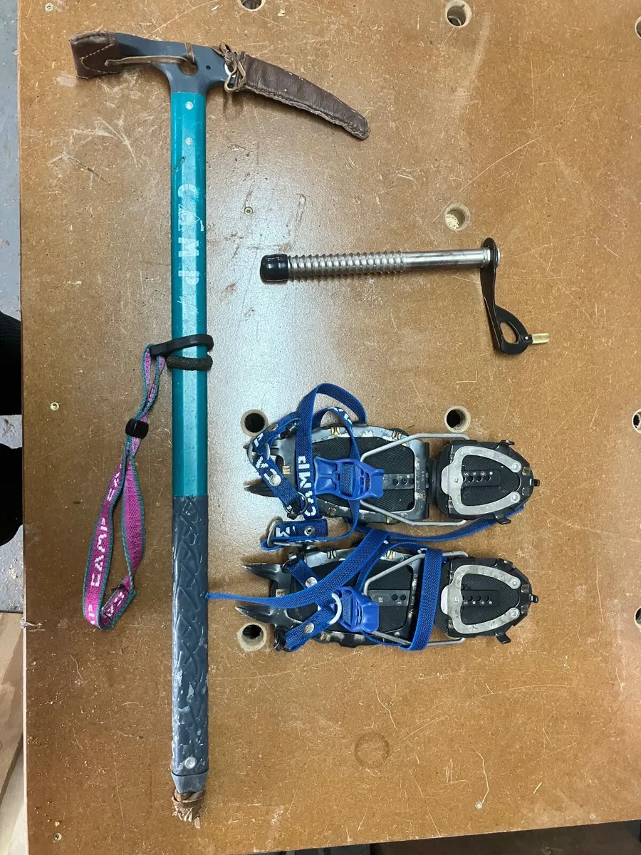 Ice axe, ice screw, crampons