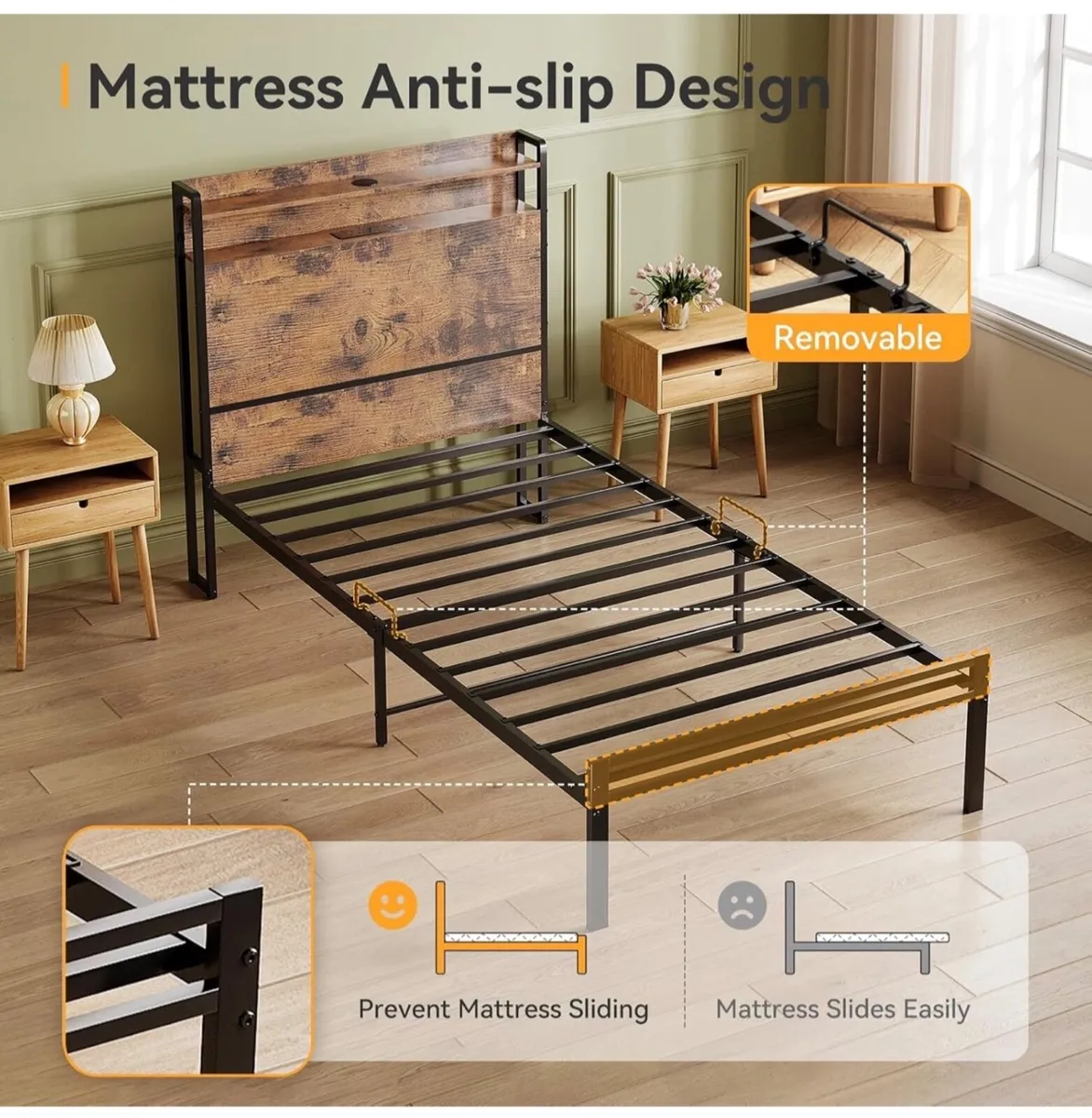 3ft Single Bed Frame with Storage Wooden Headboard - Image 4