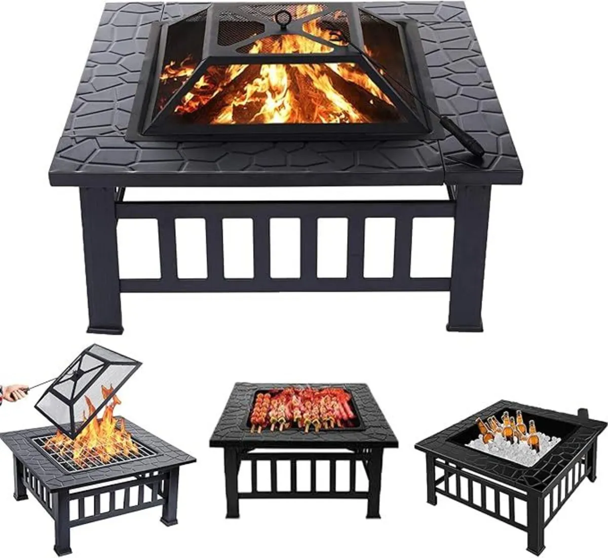 3 in 1 Square Fire Pit with Poker, Outdoor Fire Pi - Image 1