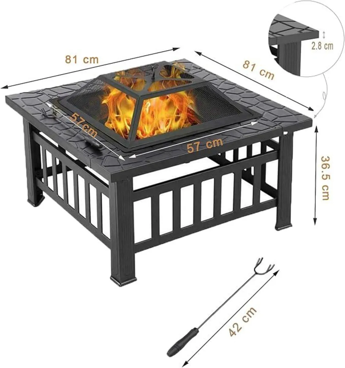 3 in 1 Square Fire Pit with Poker, Outdoor Fire Pi - Image 3