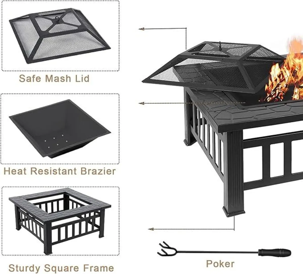 3 in 1 Square Fire Pit with Poker, Outdoor Fire Pi - Image 4