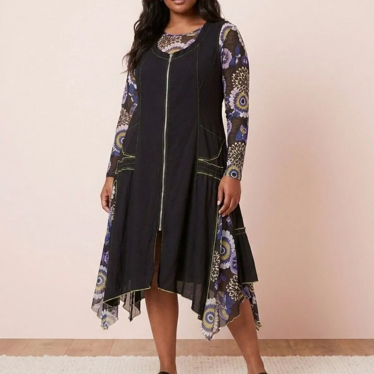 Sophie B Black Floral Midi Dress Mesh Top 18UK - Image 2