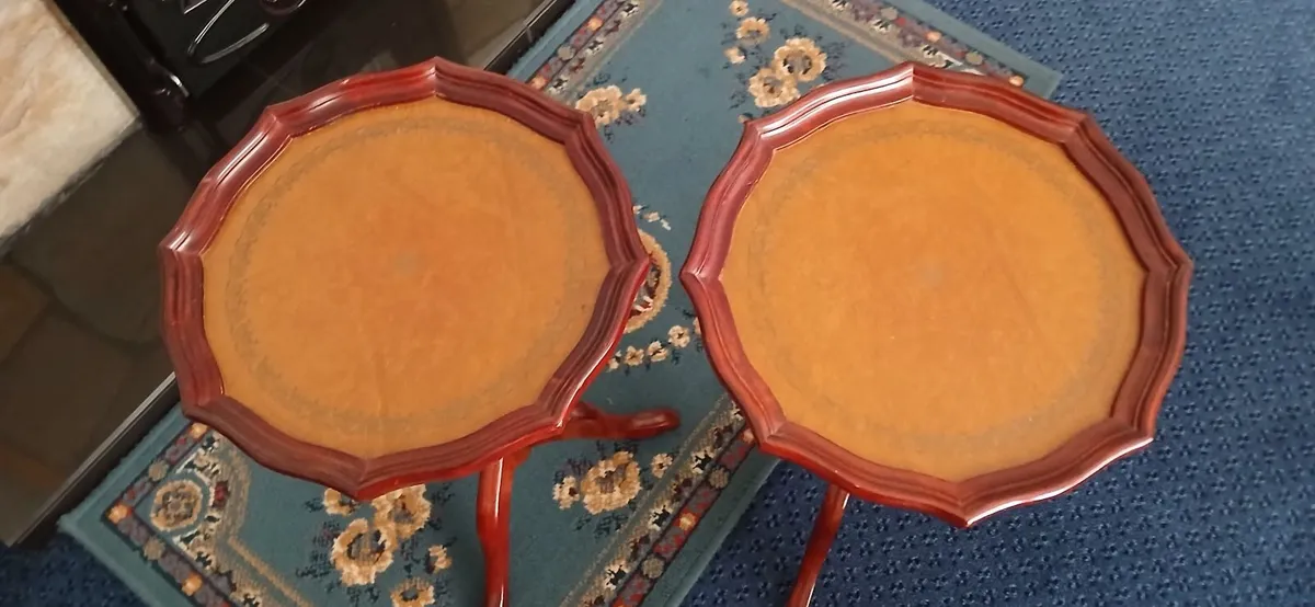 Pair of vintage leather top wine tables - Image 2
