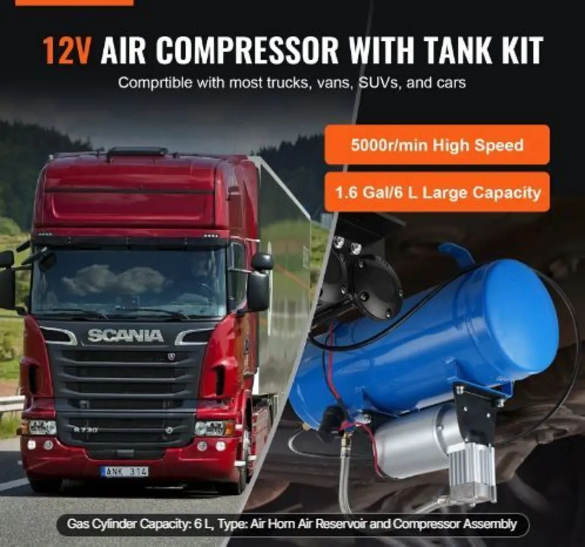 12V Air Compressor with Tank 1.6 Gallon/6 L - Image 2
