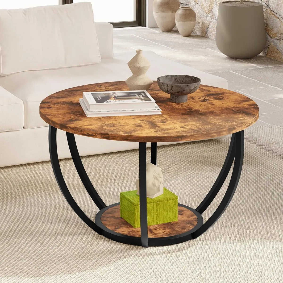 28 Round Coffee Table with Storage 2-Tier Wood - Image 1