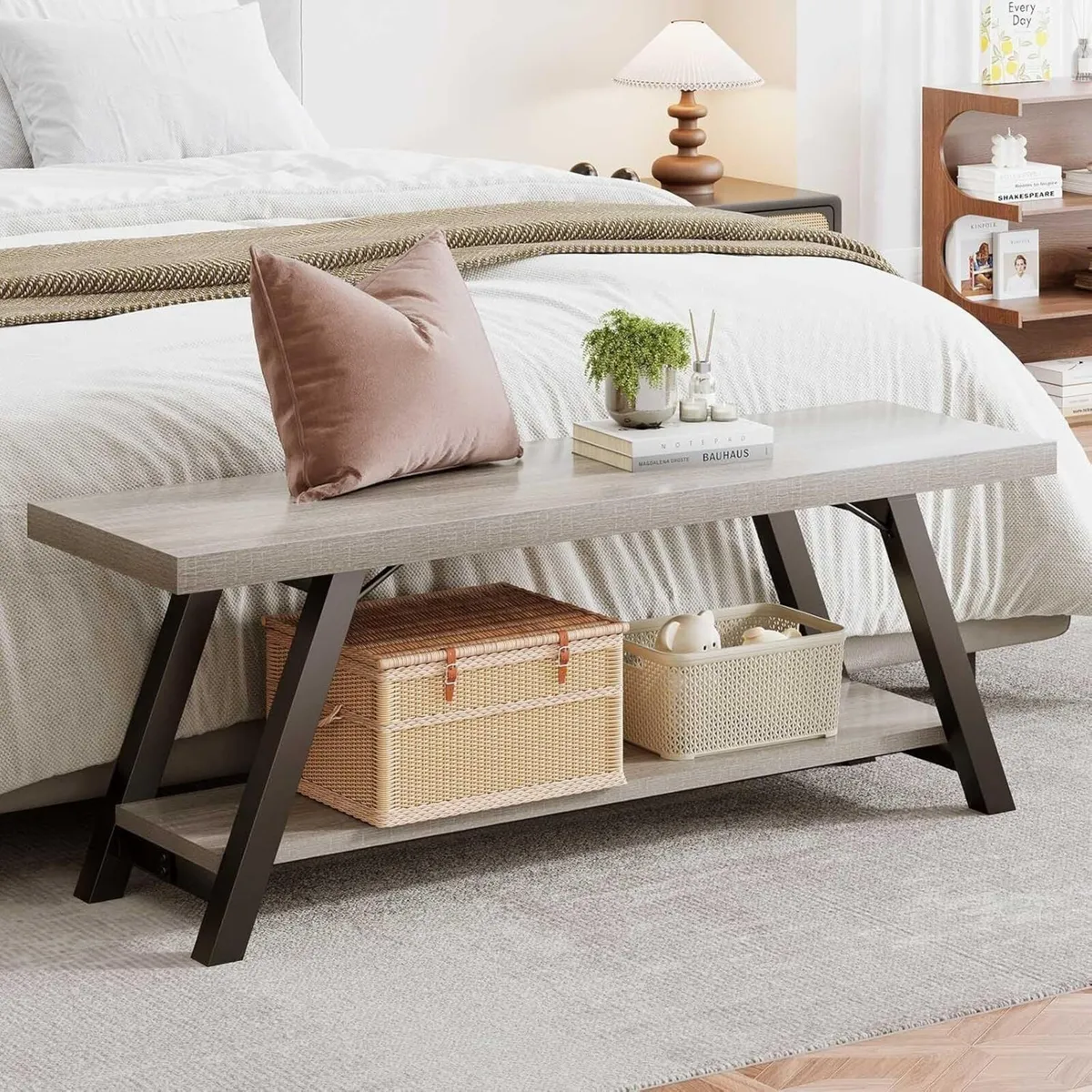 Farmhouse Entryway Bench Rustic Wood and Metal - Image 3