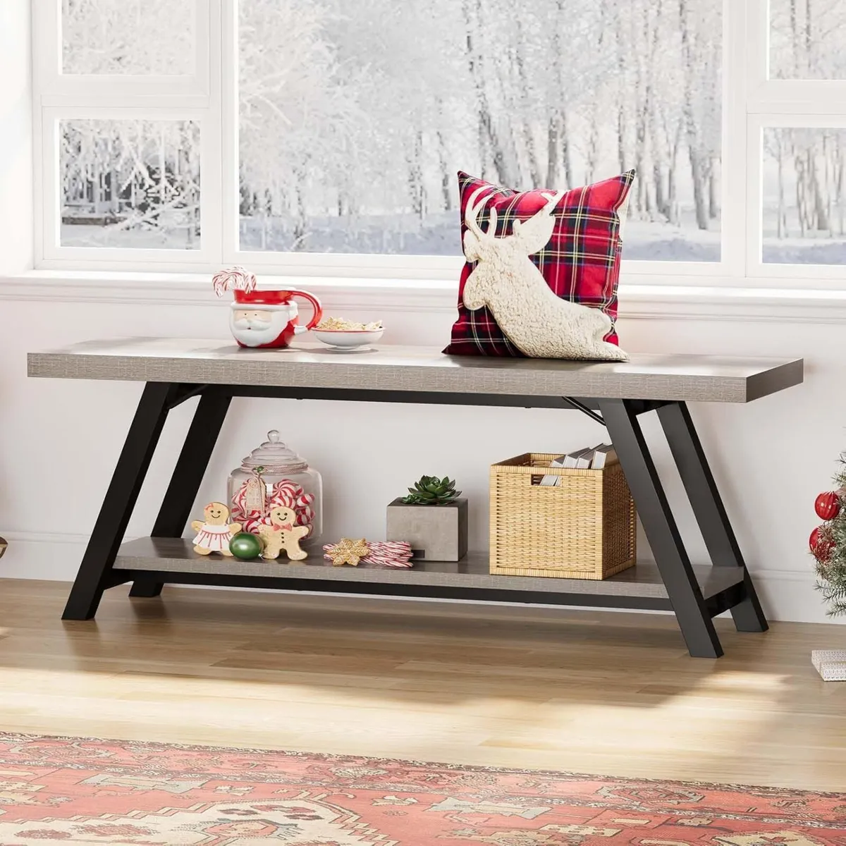 Farmhouse Entryway Bench Rustic Wood and Metal - Image 4