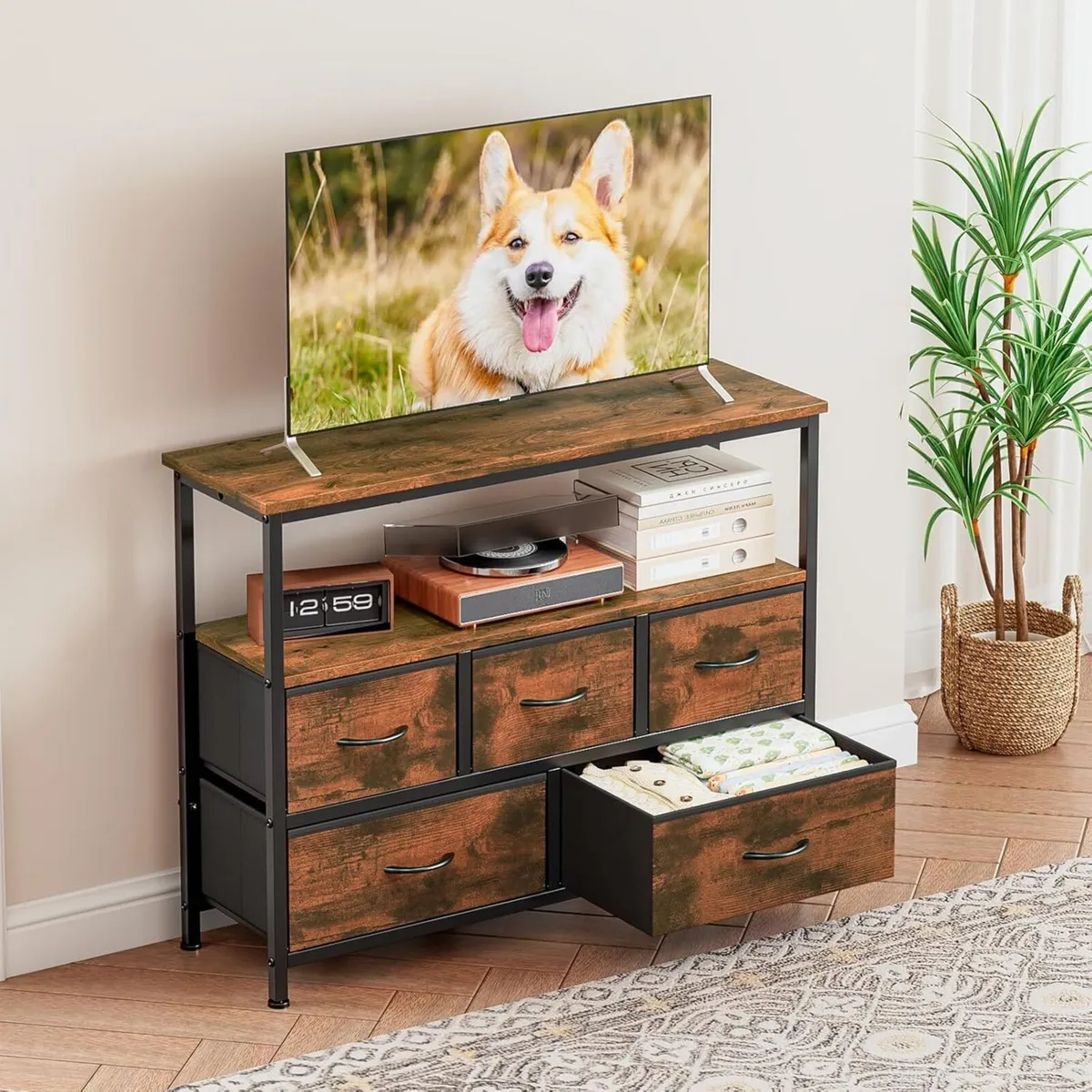 TV Stand with 5 Fabric Drawers and 2 Open Shelves - Image 2