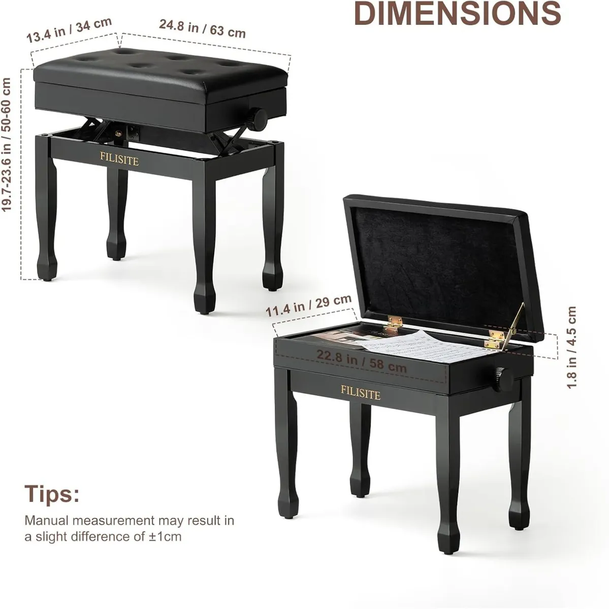 Adjustable Height Piano Stool Bench PU Leather - Image 3