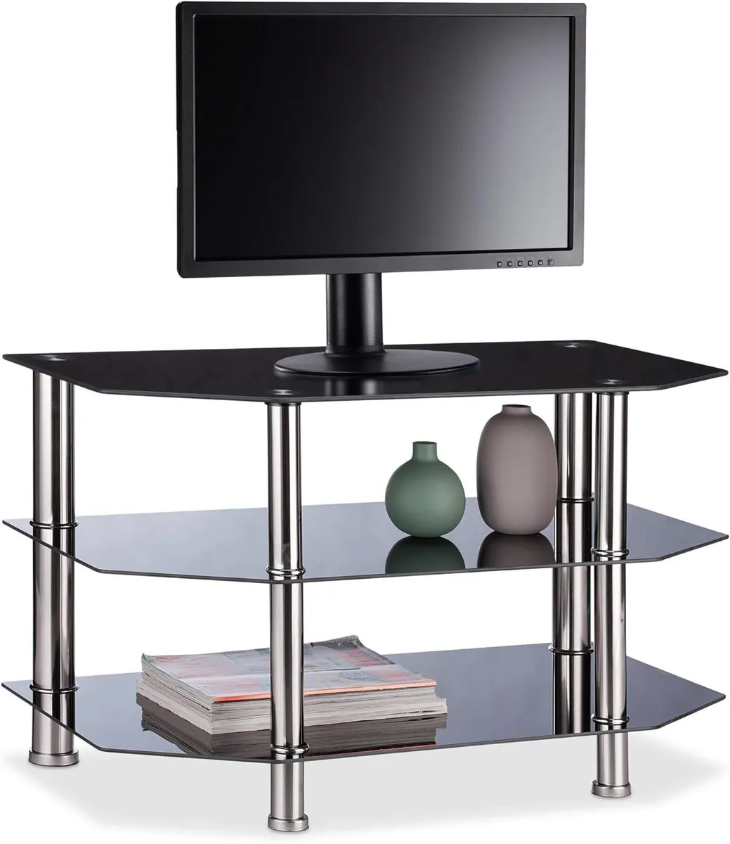 Black Glass TV Stand 3 Tempered Shelves Rubber - Image 1