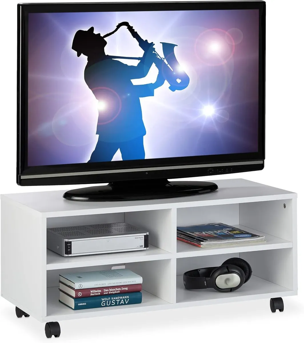4-Compartment TV Stand on Casters for CDs DVDs - Image 1