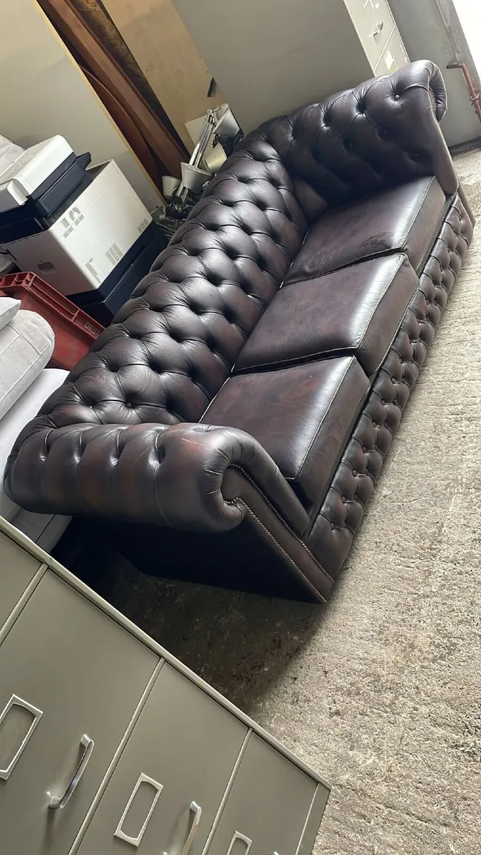 Chesterfield Leather Sofa - Dark Brown - 3 Seater - Image 1