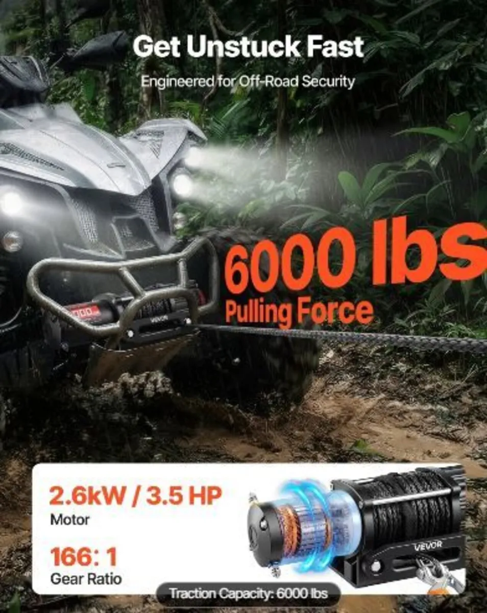 2721 kg Electric Winch, 12V DC - Image 2