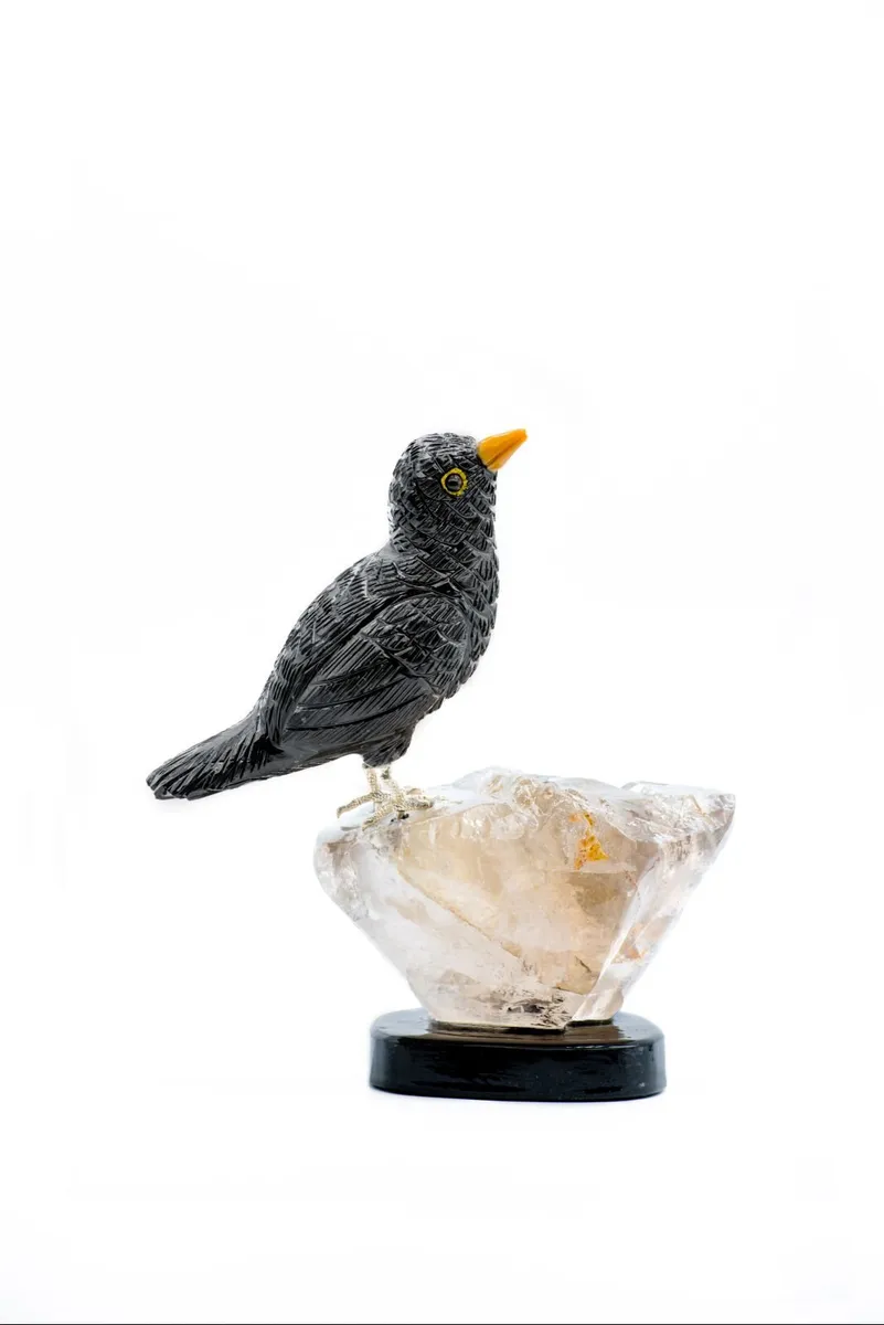 Handcrafted Black Obsidian Blackbird Sculpture - Image 1