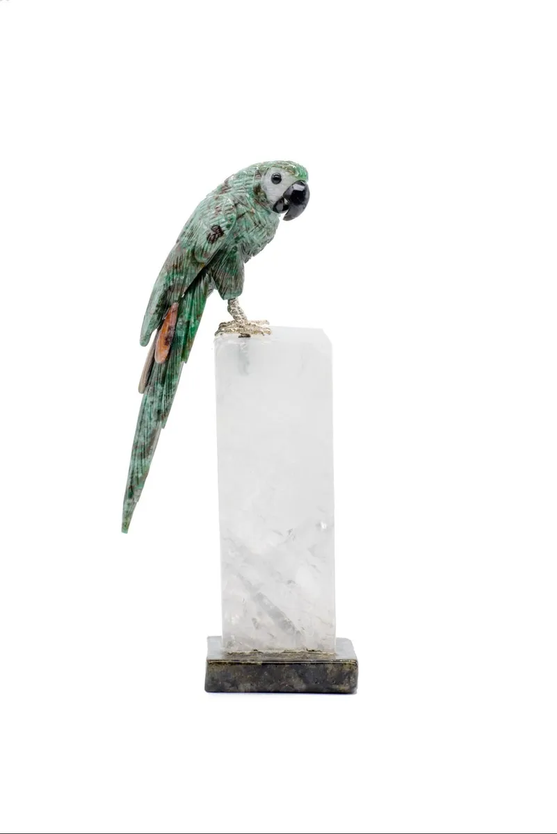 Handcrafted Serpentine & Crystal Macaw Sculpture - Image 1