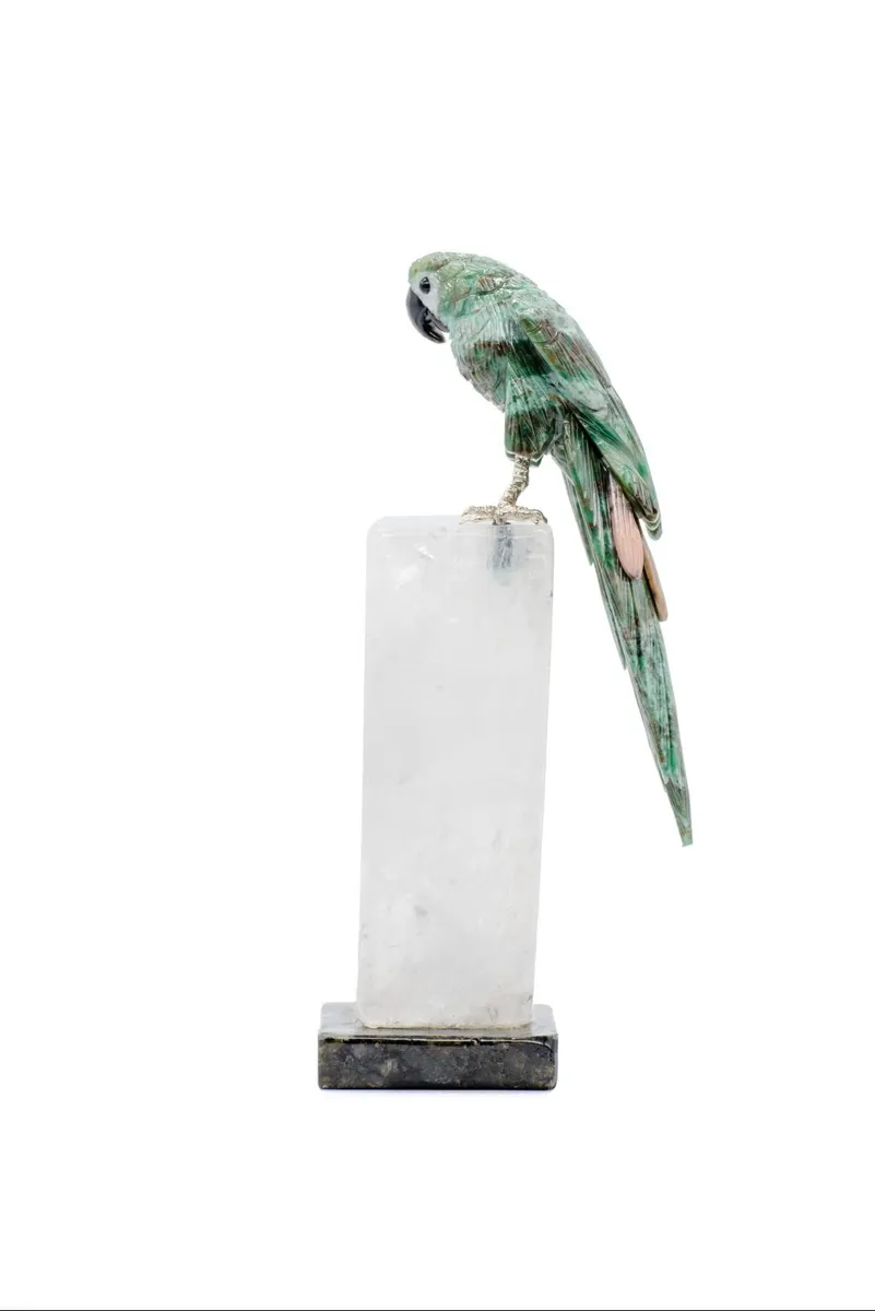 Handcrafted Serpentine & Crystal Macaw Sculpture - Image 2