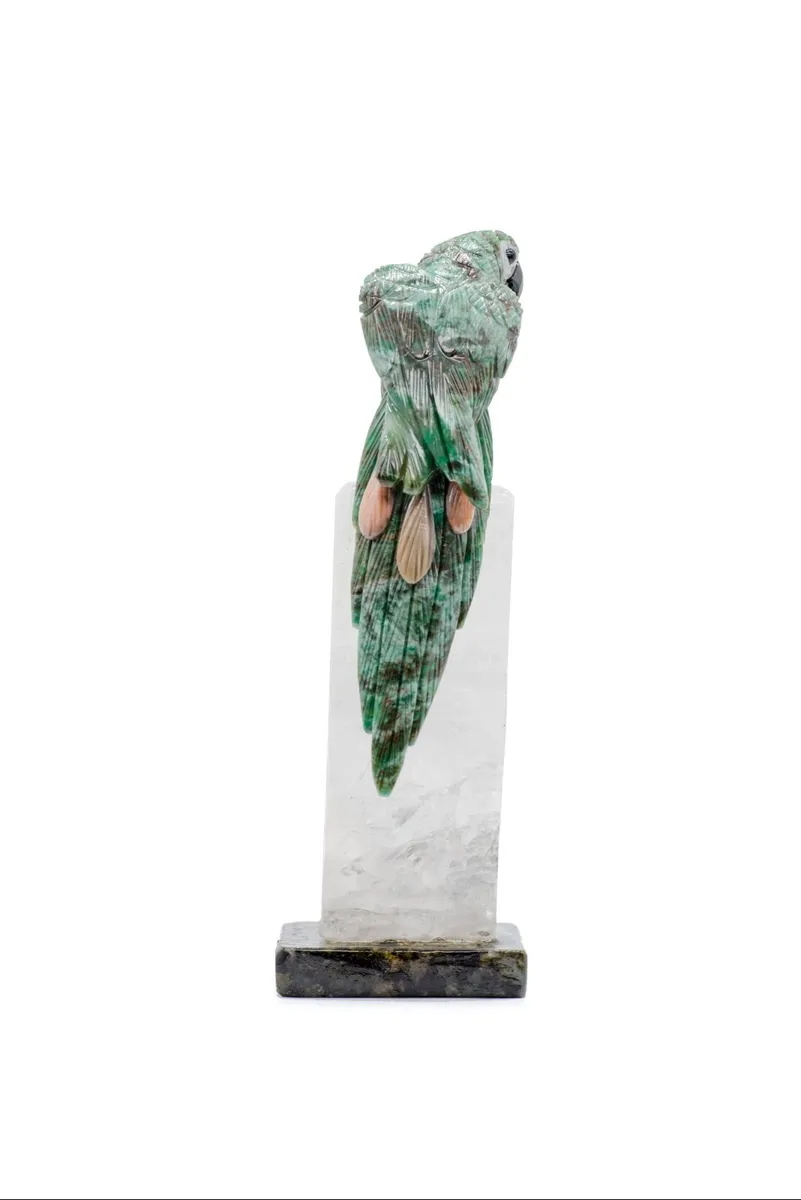 Handcrafted Serpentine & Crystal Macaw Sculpture - Image 3