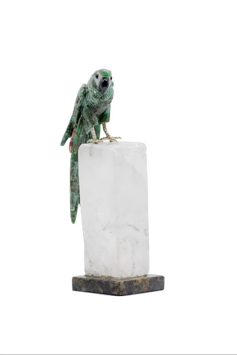 Handcrafted Serpentine & Crystal Macaw Sculpture - Image 4