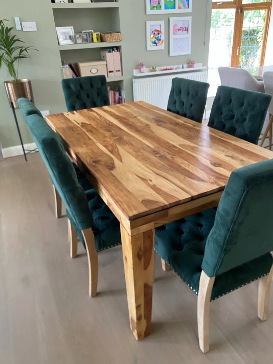 West Elm solid wood dining table & 6 velvet chairs - Image 1