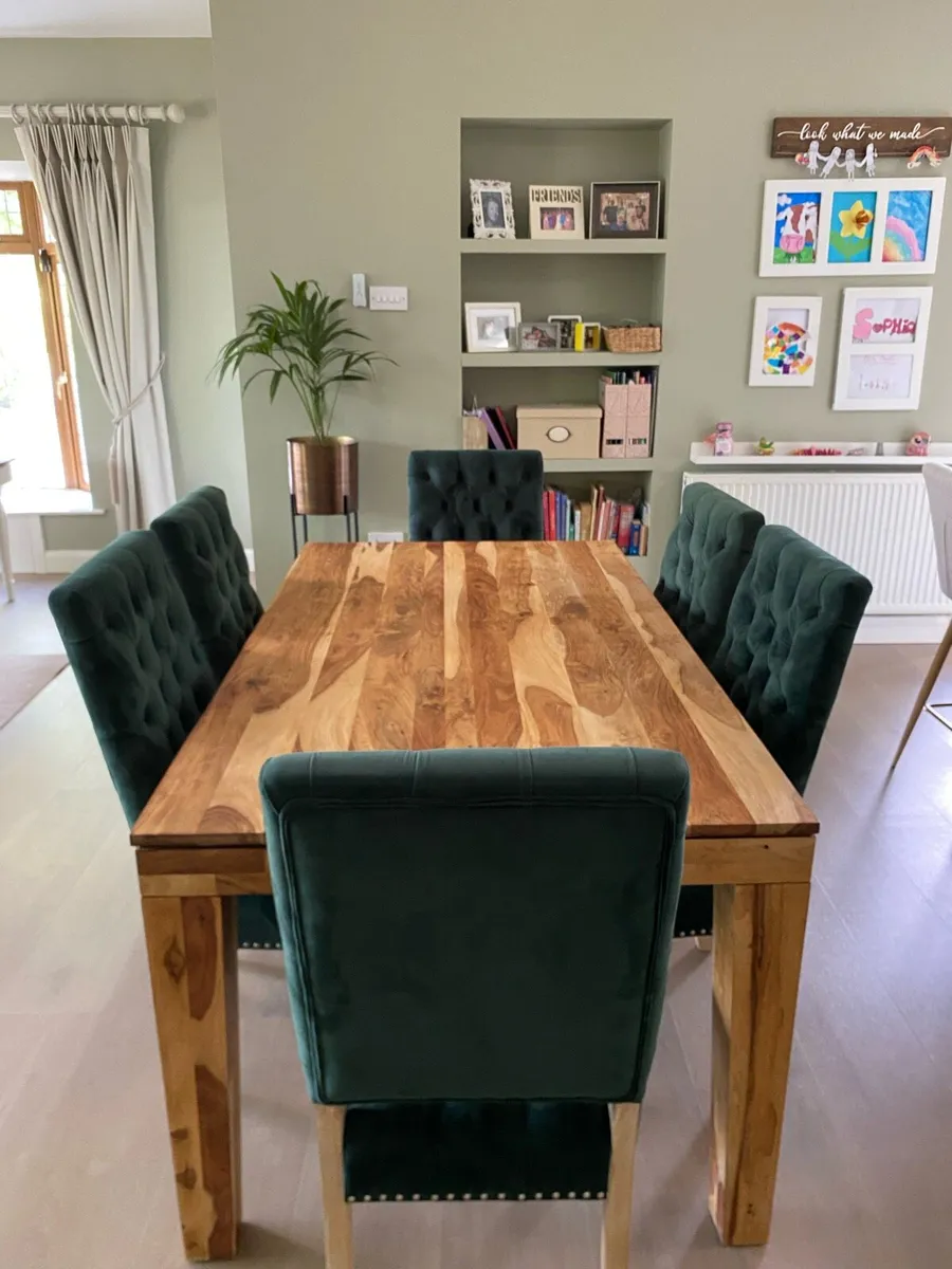 West Elm solid wood dining table & 6 velvet chairs - Image 2