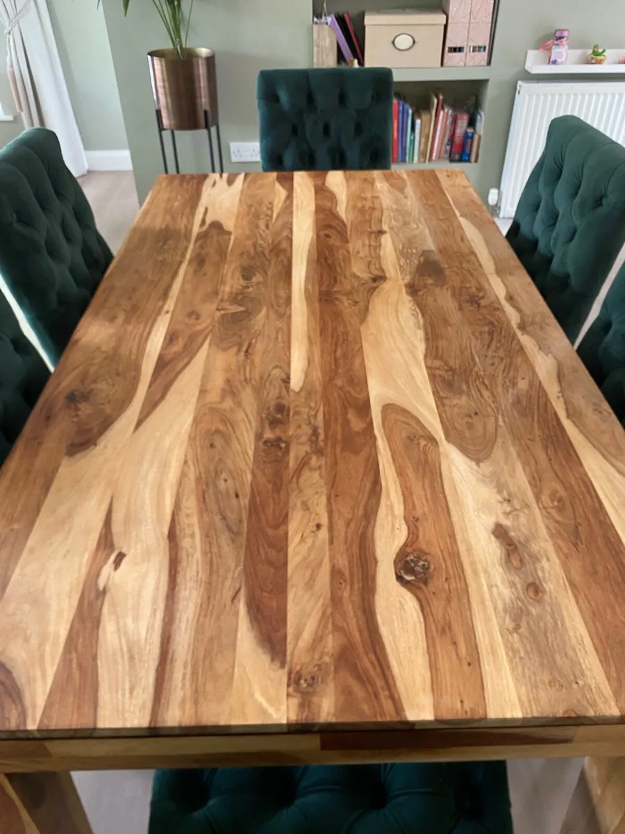 West Elm solid wood dining table & 6 velvet chairs - Image 3