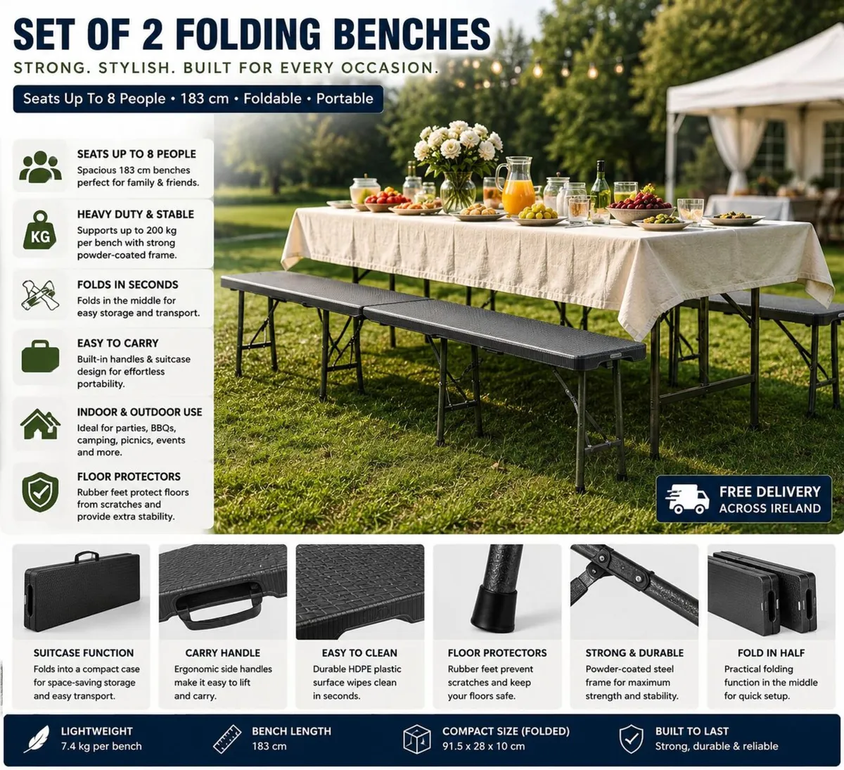 Set of 2 Foldable Picnic & Camping Benches – Seats - Image 1