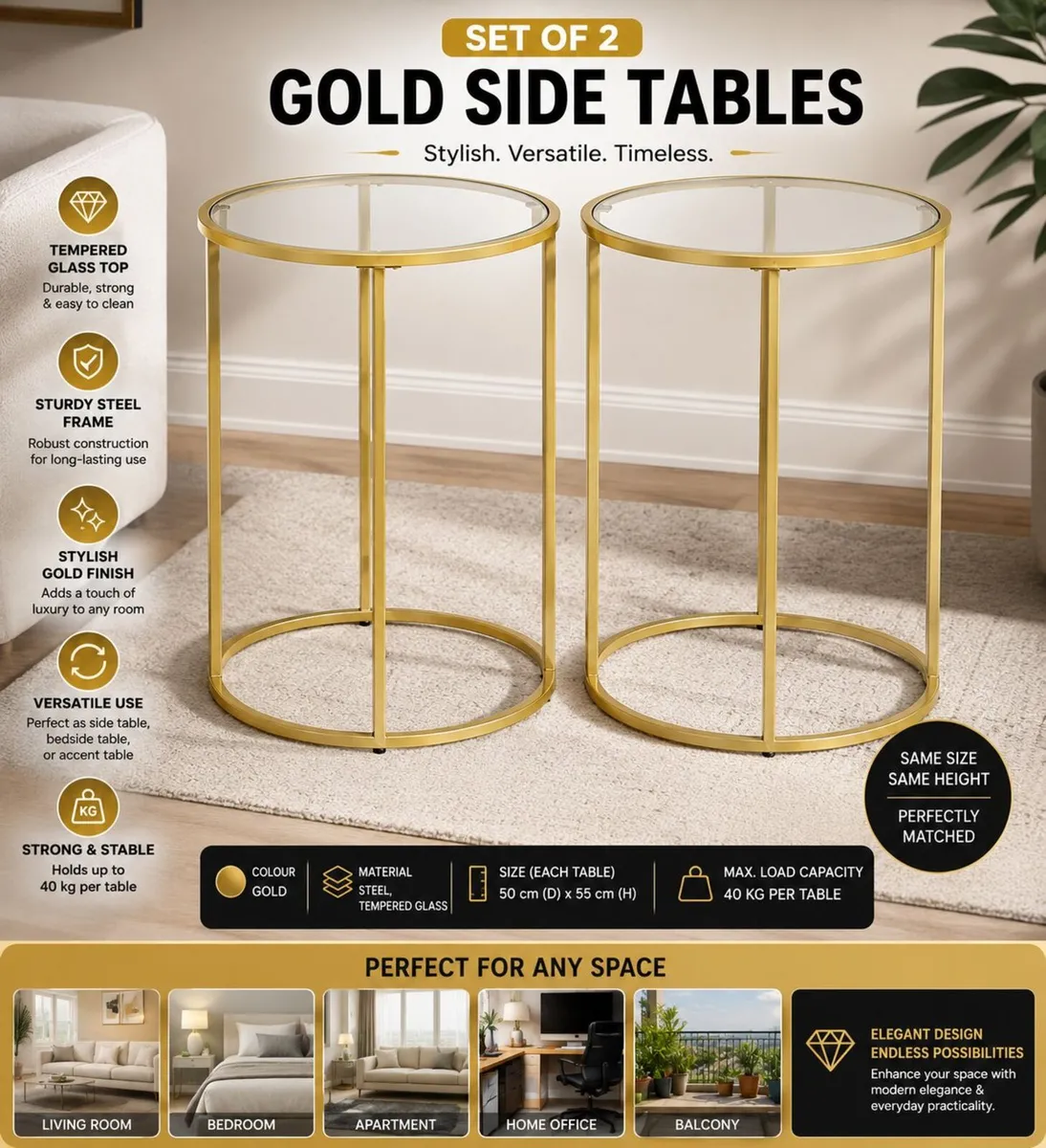Set of 2 Gold Glass Side Tables - Image 1