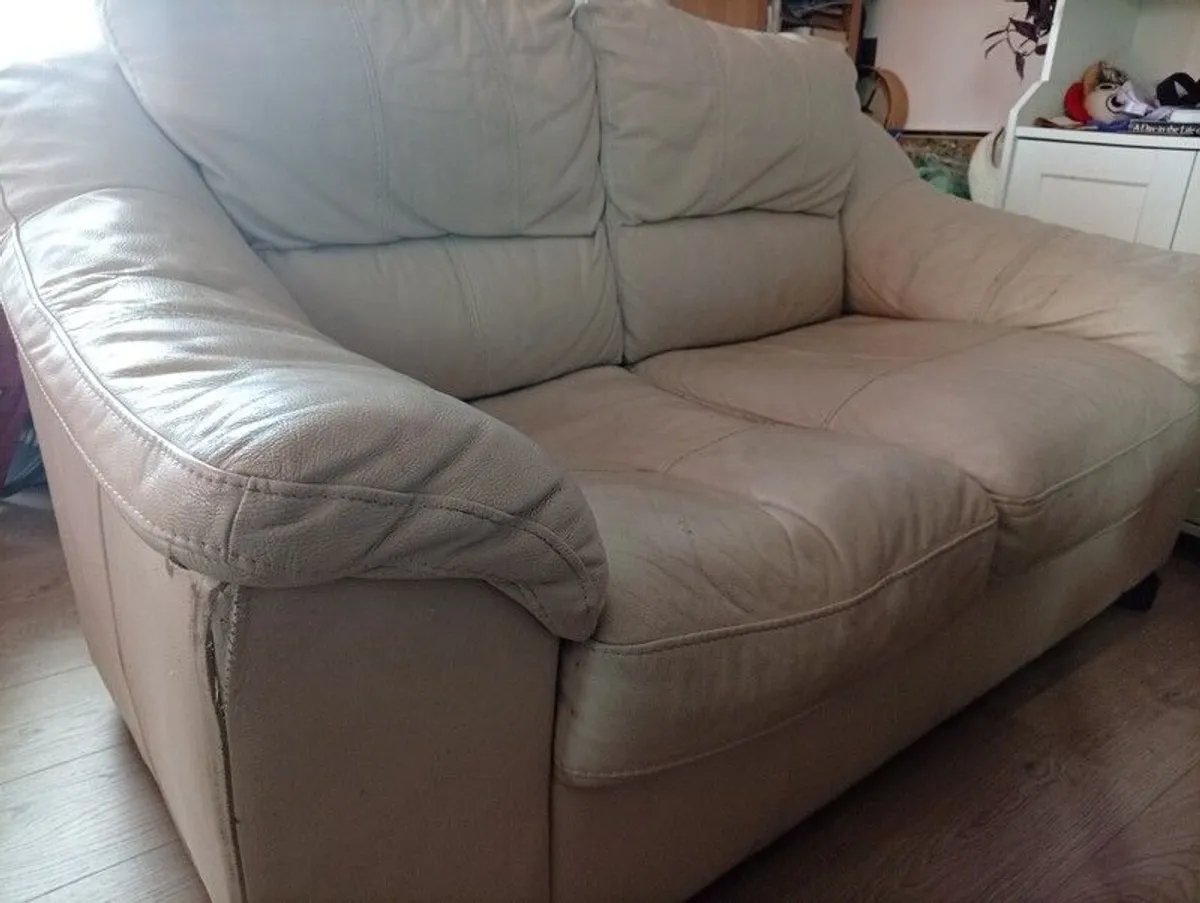 2 cream leather 2 seater sofa s - Image 1