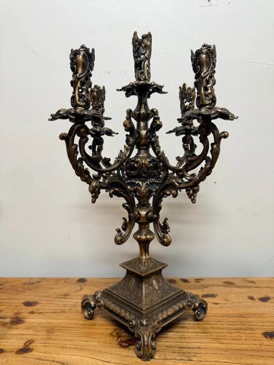 Striking Gothic Medieval-Style 5 Branch Bronze Antique Candelabra - Image 1