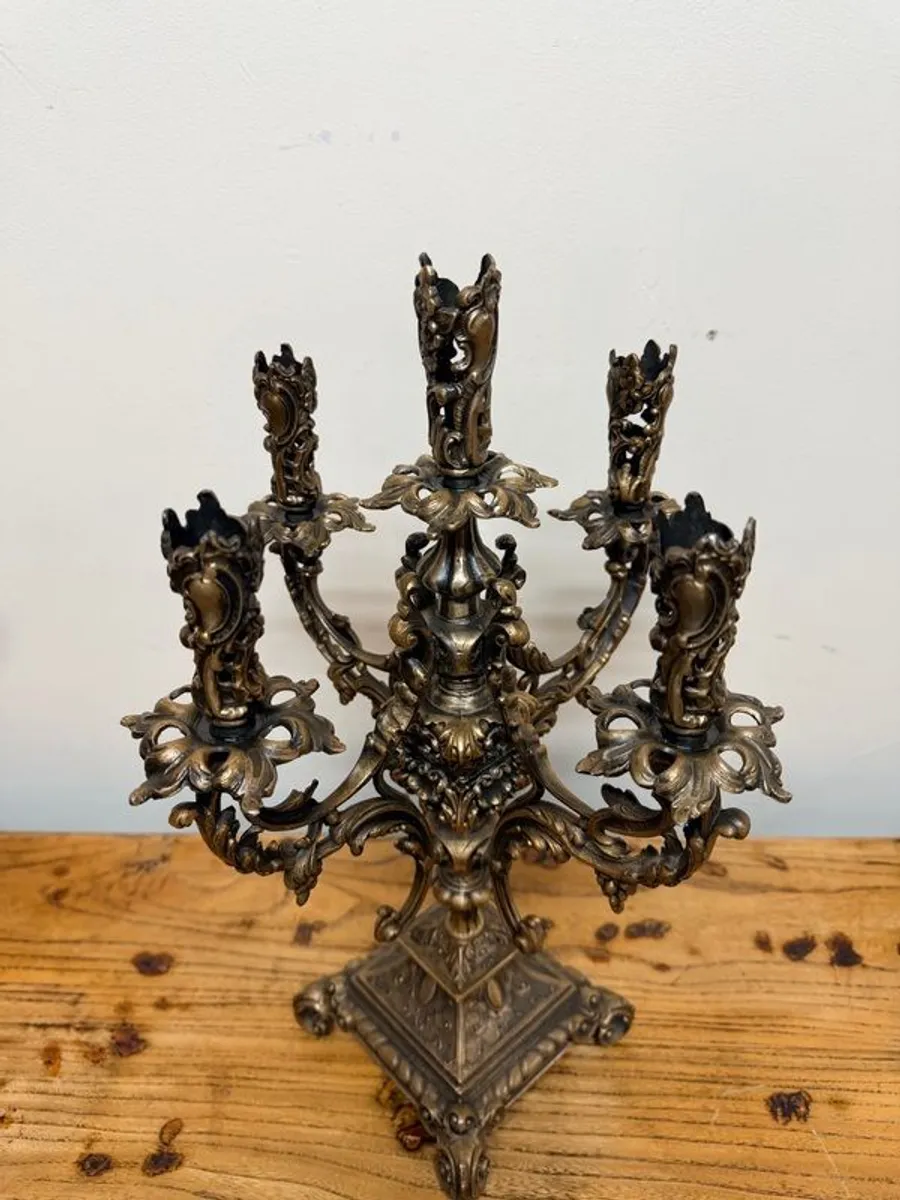 Striking Gothic Medieval-Style 5 Branch Bronze Antique Candelabra - Image 2