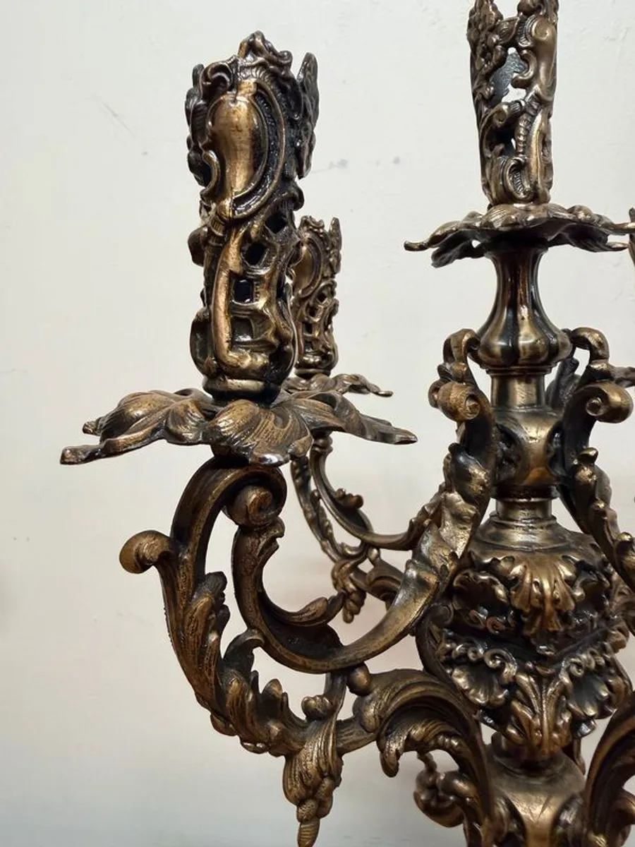 Striking Gothic Medieval-Style 5 Branch Bronze Antique Candelabra - Image 3