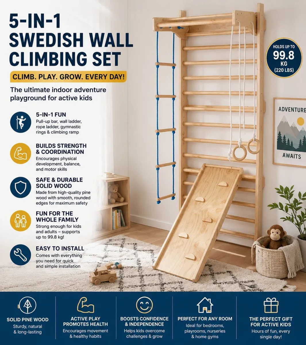 Swedish Ladder Wall Gym 5 in 1 Wooden Indoor Playg - Image 1