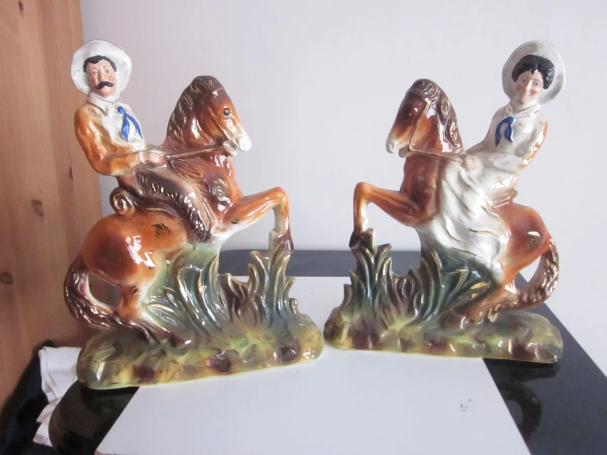 Pair of Staffordshire Figures Cowboy Cowgirl Horse - Image 1