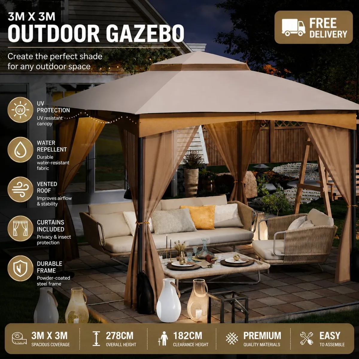 3m x 3m Premium Outdoor Gazebo - Free Delivery - Image 4