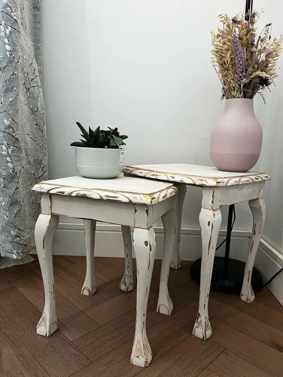 Upcycled French Country Nesting Tables Set Distressed White and Gold - Image 1