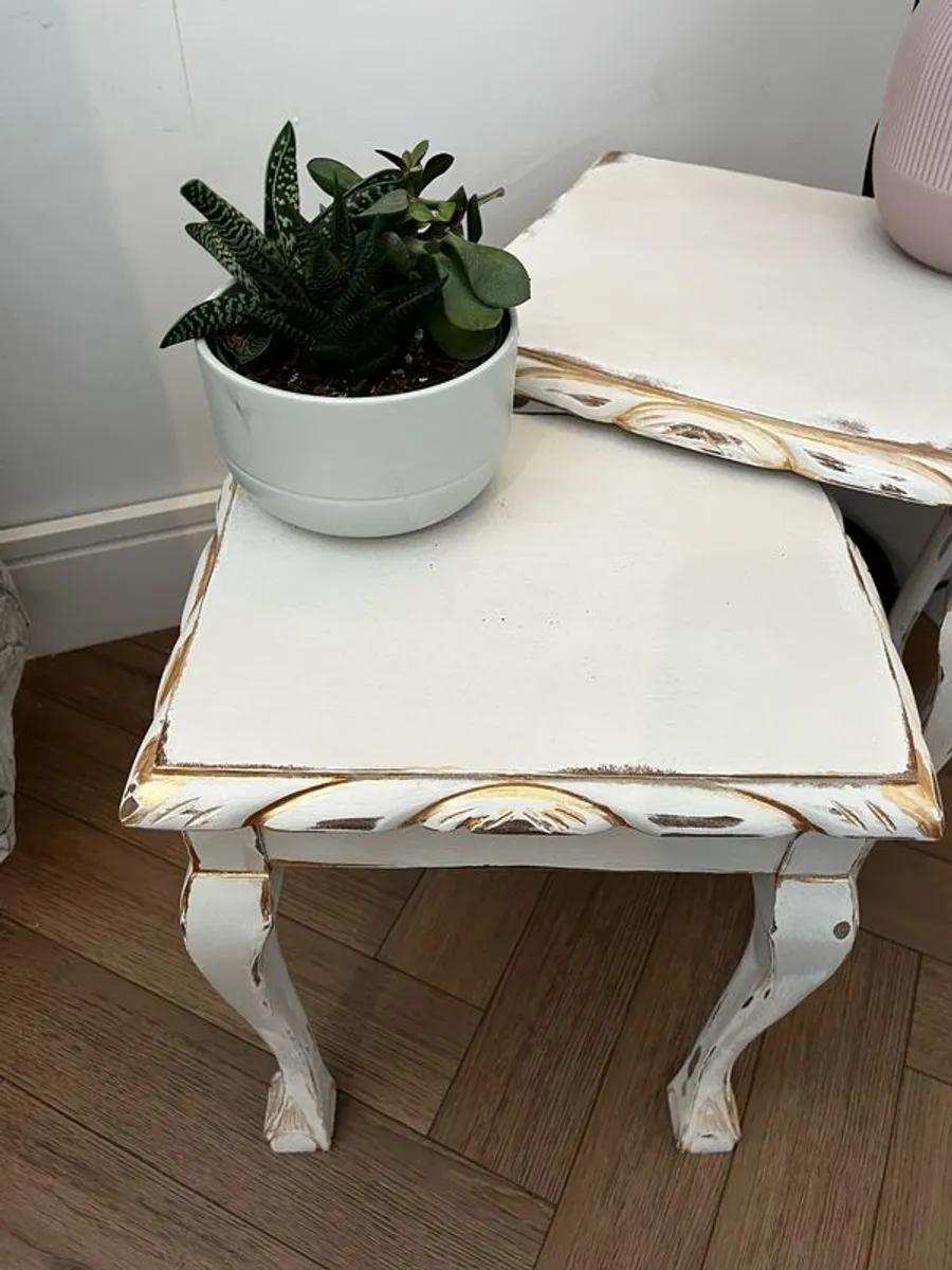 Upcycled French Country Nesting Tables Set Distressed White and Gold - Image 2