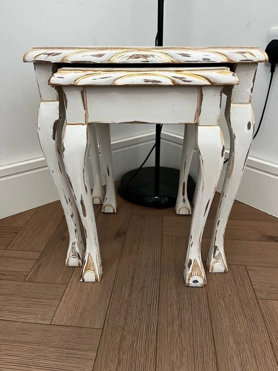 Upcycled French Country Nesting Tables Set Distressed White and Gold - Image 3