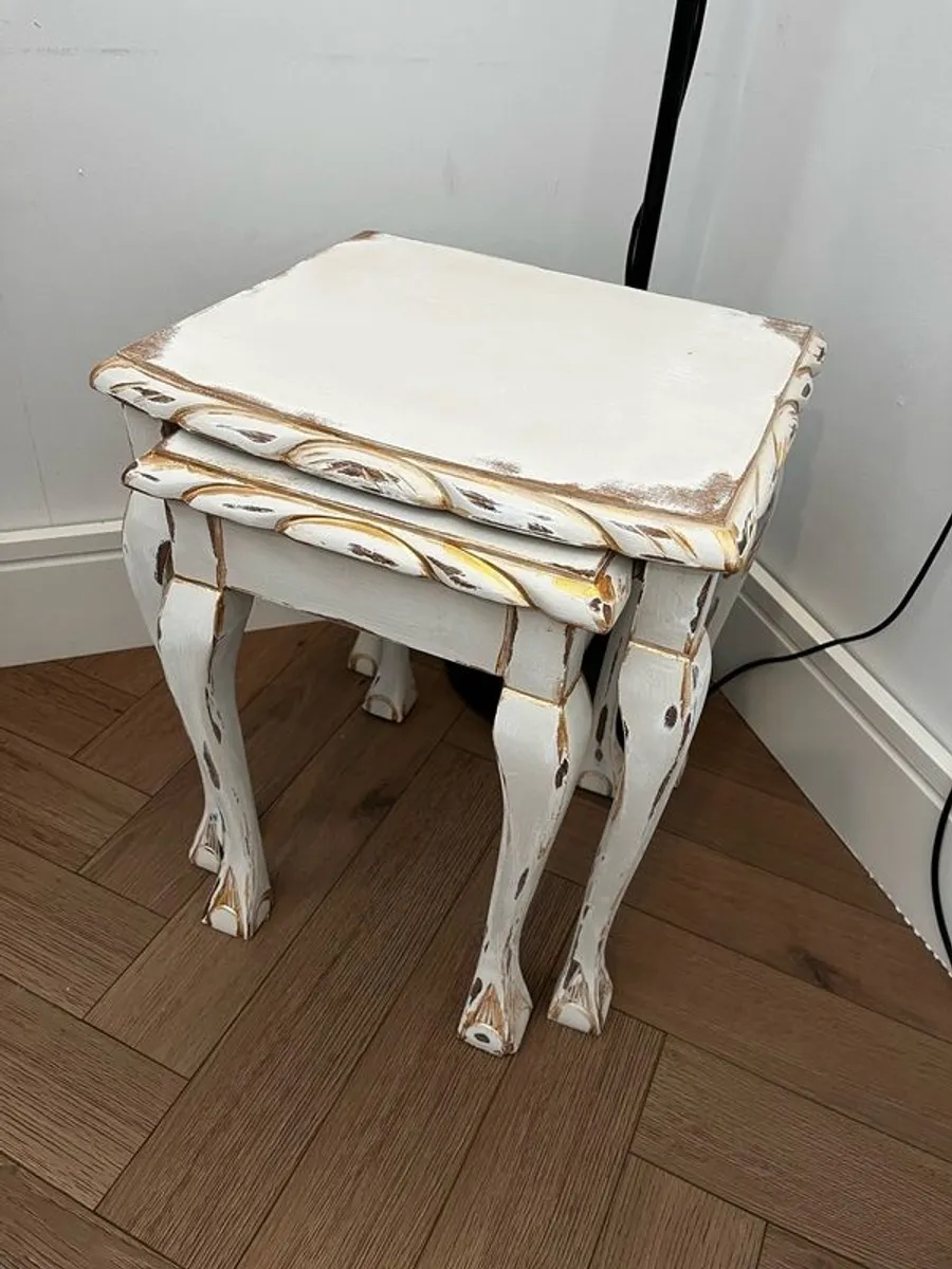 Upcycled French Country Nesting Tables Set Distressed White and Gold - Image 4