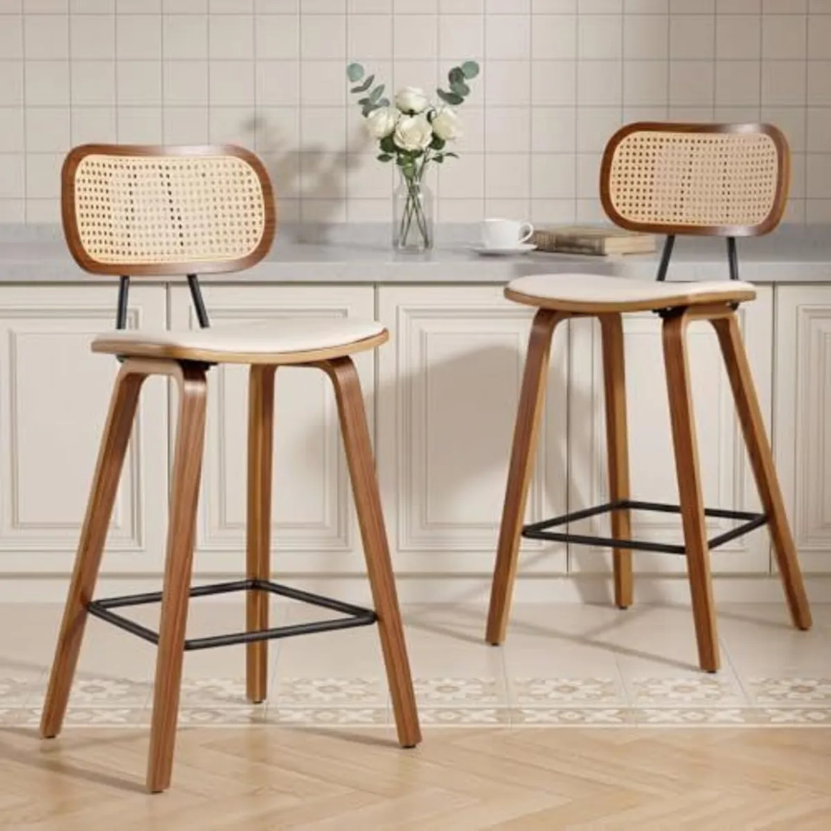Set of 2 Rattan Bar Stools PU Leather - Image 1