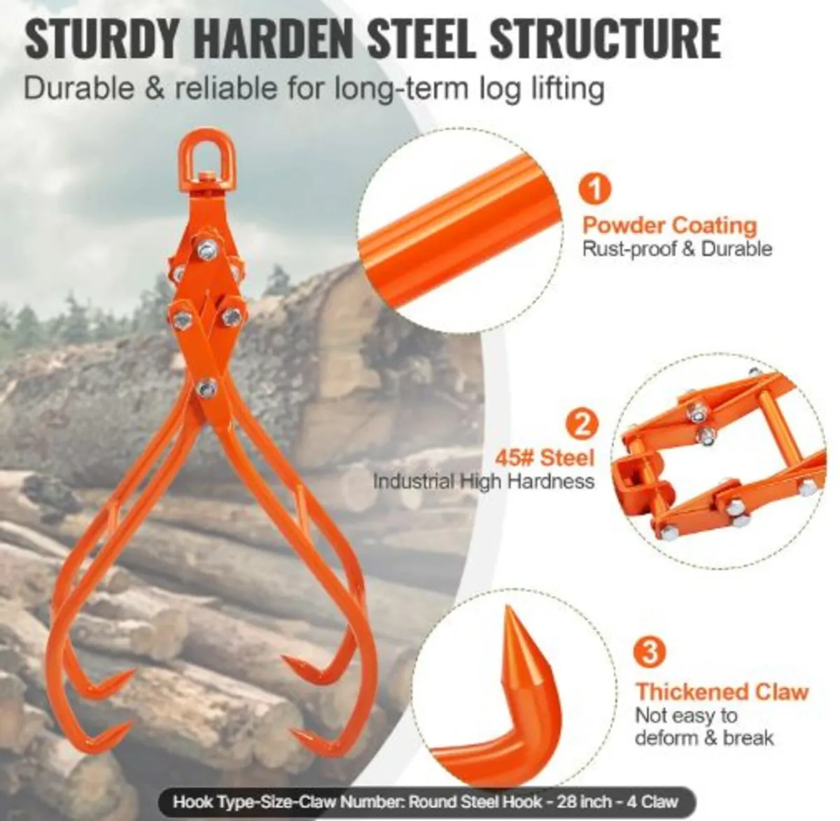 Timber Claw Hook, 28 inch 4 Claw Log Grapple - Image 3