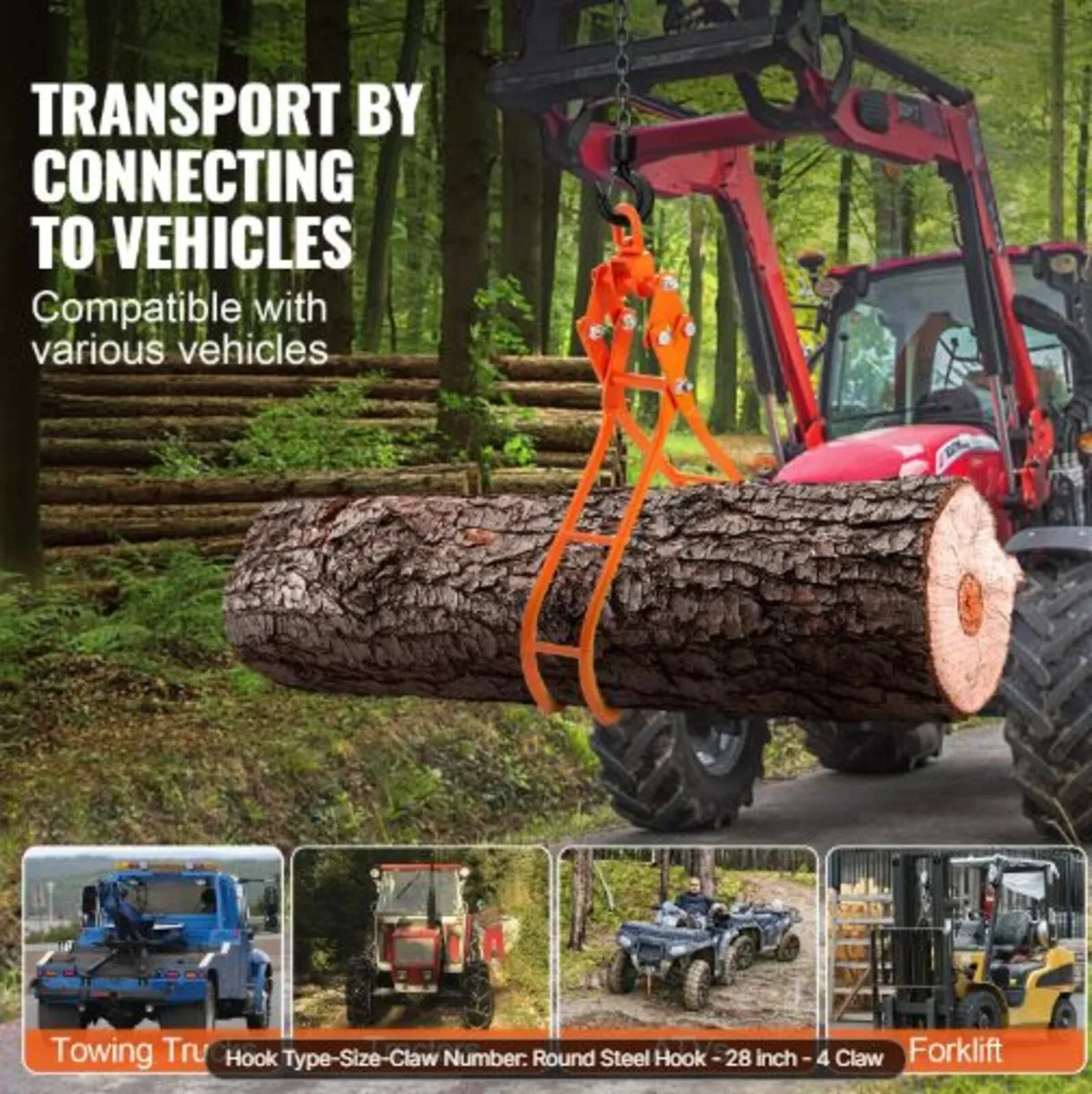 Timber Claw Hook, 28 inch 4 Claw Log Grapple - Image 4