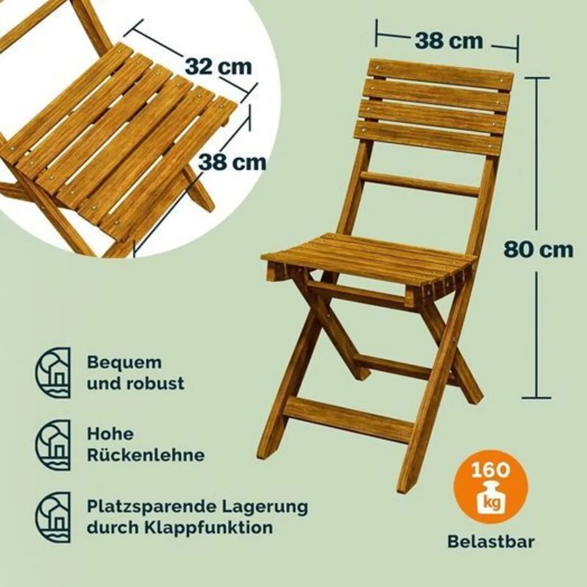 Folding Bistro Set for 2 Acacia Wood with Storage - Image 4