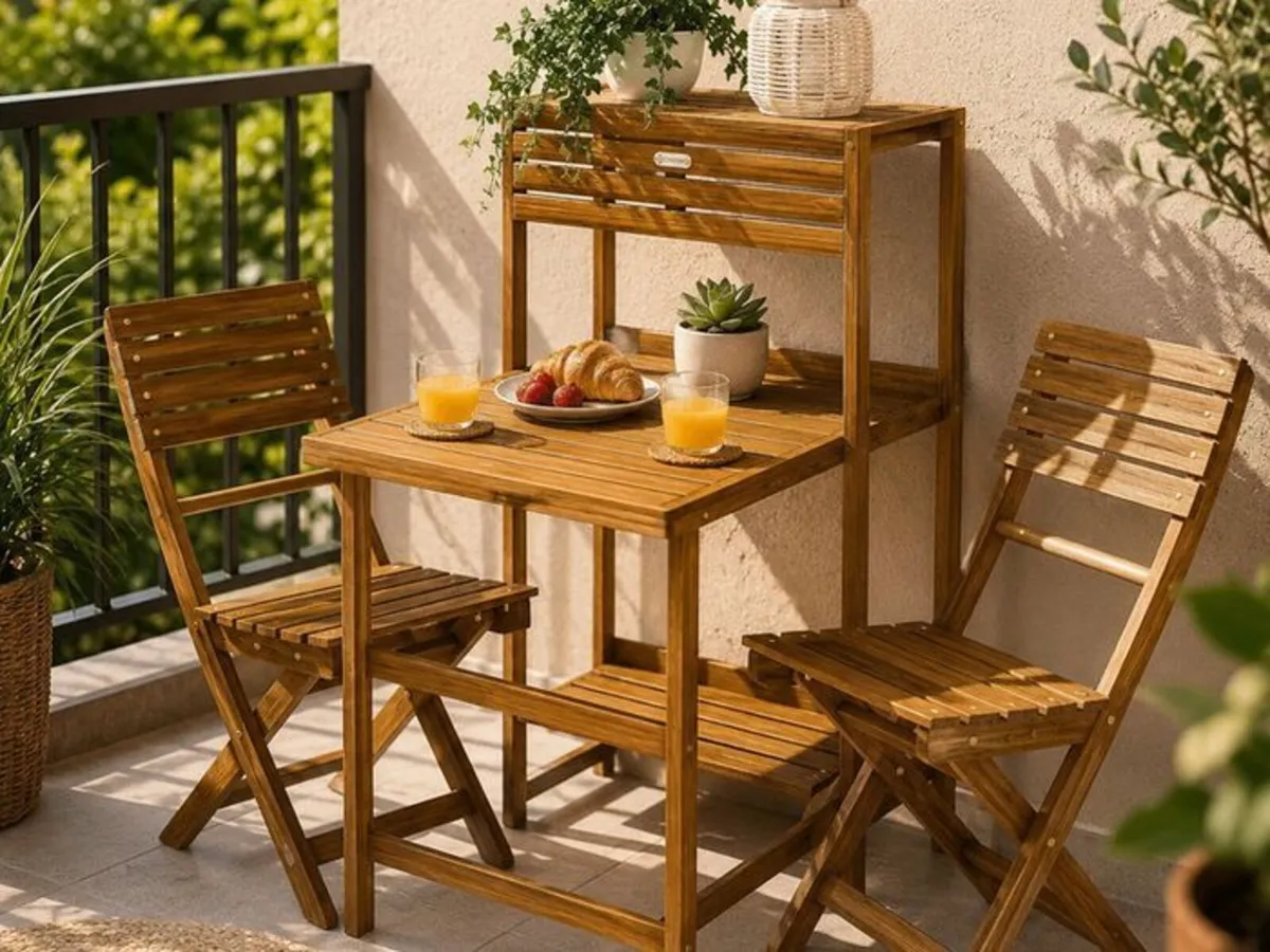 Folding Bistro Set for 2 Acacia Wood with Storage - Image 1