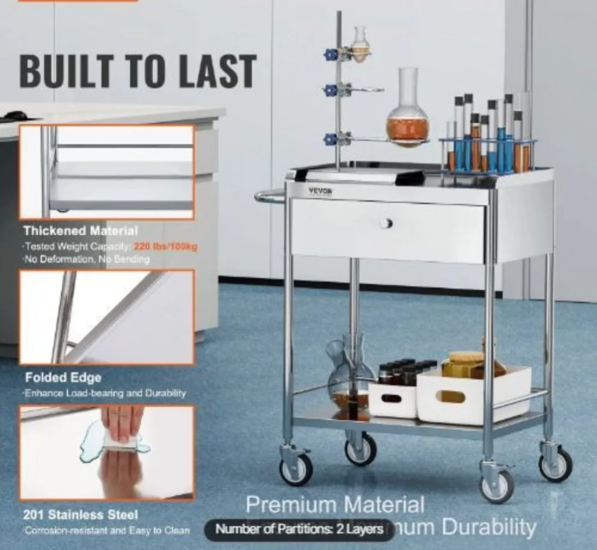 Medical Cart, 2 Layers Stainless - Image 4