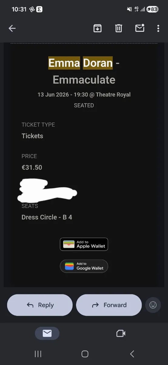 1 ticket - Emma Doran 13/06/26 Theatre Royal, Wate
